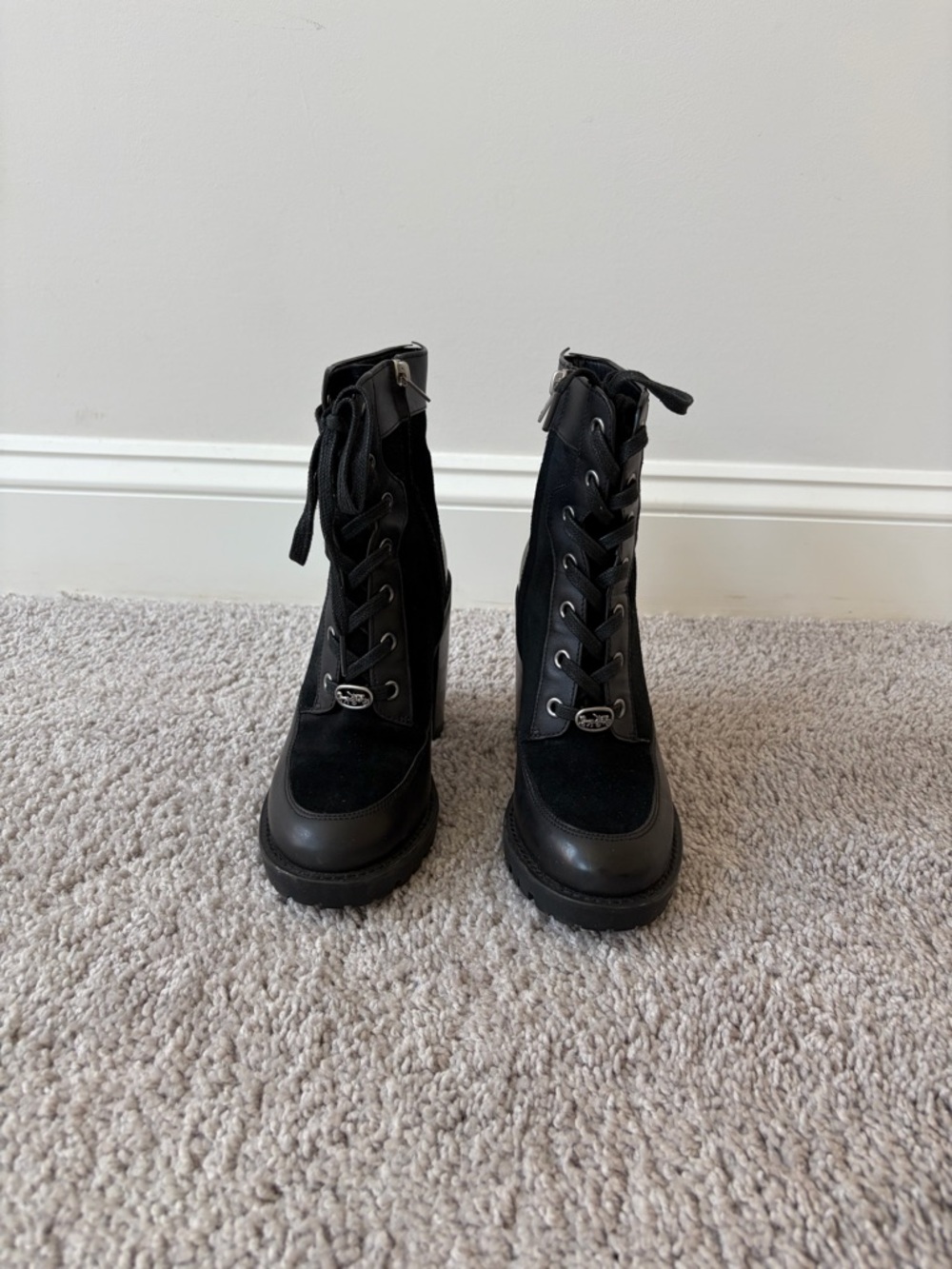 Coach Hedy Lace-Up Booties Black Leather Suede - Picture 8 of 13